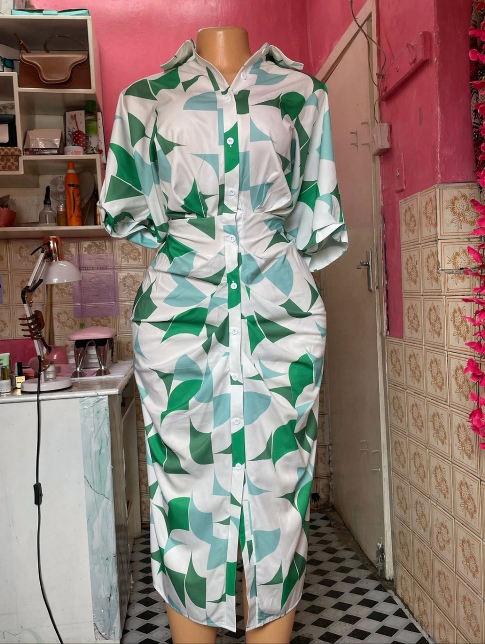 SHEIN Green and White Geometric Ruched Shirt Dress With Matching Waist Tie
